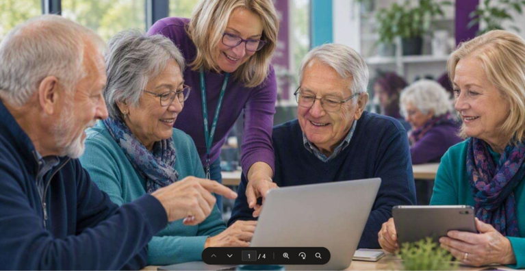 Seniors looking at the screen of a laptop computer and smiling.