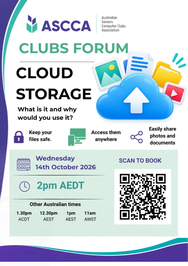 Clubs Forum announcement - Topic: Cloud storage, 14 October 2026 2PM AEDT